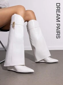 Women's Fold Over Pointed Toe Wedge Heels Knee High Boots  Fashion Padlock Buckle Party Gorgeous Style - White - View 1