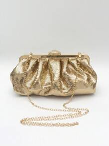 1pc Golden Fish Scale Sequins Pleated Shell Metal Studded Cloud Shaped Clutch Purse, Suitable For Bride, Wedding, Party, Formal Occasions, Fashion Purse Perfectly Matching With Birthday Dresses For Women, Party Bag Perfect For Party Wedding Prom Dinner/Banquet Matching With Holiday Party Dress Evening Dress & Sequin Dress , Gold Bag