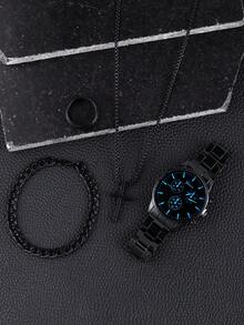 4 piezas Conjunto de regalo para hombre: reloj de cuarzo simple con puntero redondo negro, collar con colgante de cruz negra, anillo y pulsera - Negro - Ver 4
