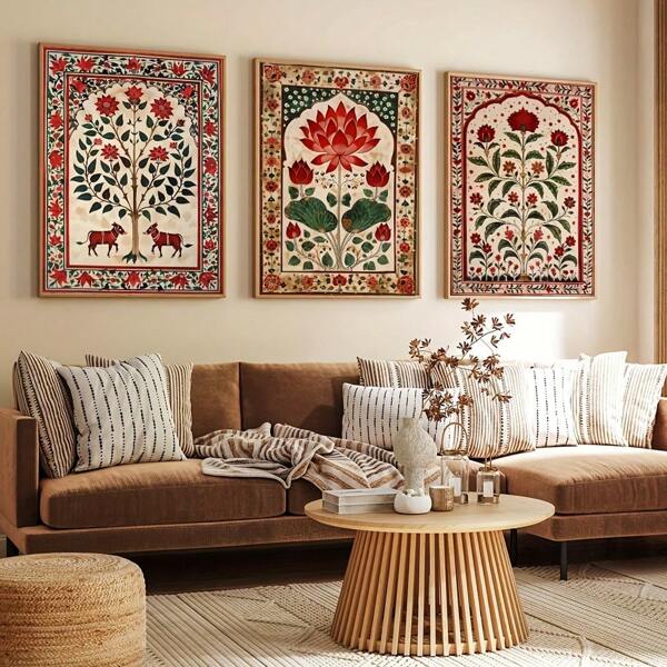 民间艺术帆布印刷品 - 3 件套，无框复古客厅墙壁艺术