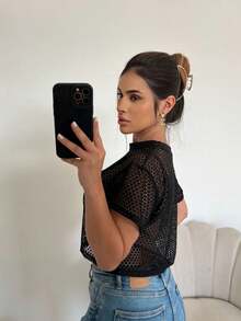 2-Piece Set Cropped + Plain Top With Padded Cup And Adjustable Straps Fishnet Blouse Mesh Short Sleeve Shirt Blogger Summer - màu đen - Xem 2