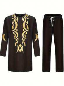 男士长袖传统非洲肯特印花纽扣衬衫，正装 - 黑色 - 查看 2