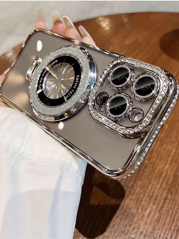 Magnetic Phone Case 1PC Electroplated Glitter Slider Stand With Transparent Rhinestone Electroplated Anti-Fall Phone Case Lens Protection Compatible With IPhone/11 12 13 14 15 16 PRO MAX/14PROMAX/15PROMAX 16promax, Support Wireless Charging