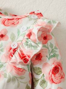 Baby Girls' 2pcs Floral Jumpsuit Set With Button Placket, Ruffled Collar, Long Sleeve - Pink - View 6