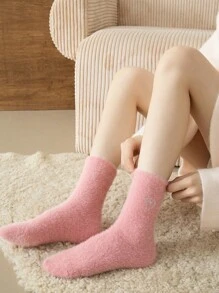 5 双女士粉色心形图案仿貂绒厚款可爱刺绣毛绒袜子 - 彩色 - 查看 5