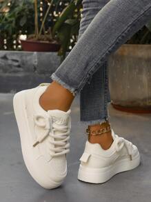 Women's Spring And Autumn College Style Large Size Board Shoes Thick Lace Rice And White Splicing Color Contrast White Shoes Women's Shoes Thick Soles Increase Women's Casual Sports Shoes