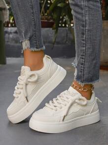 Women's Spring And Autumn College Style Large Size Board Shoes Thick Lace Rice And White Splicing Color Contrast White Shoes Women's Shoes Thick Soles Increase Women's Casual Sports Shoes