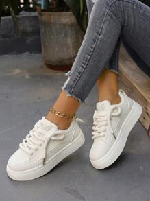Women's Spring And Autumn College Style Large Size Board Shoes Thick Lace Rice And White Splicing Color Contrast White Shoes Women's Shoes Thick Soles Increase Women's Casual Sports Shoes