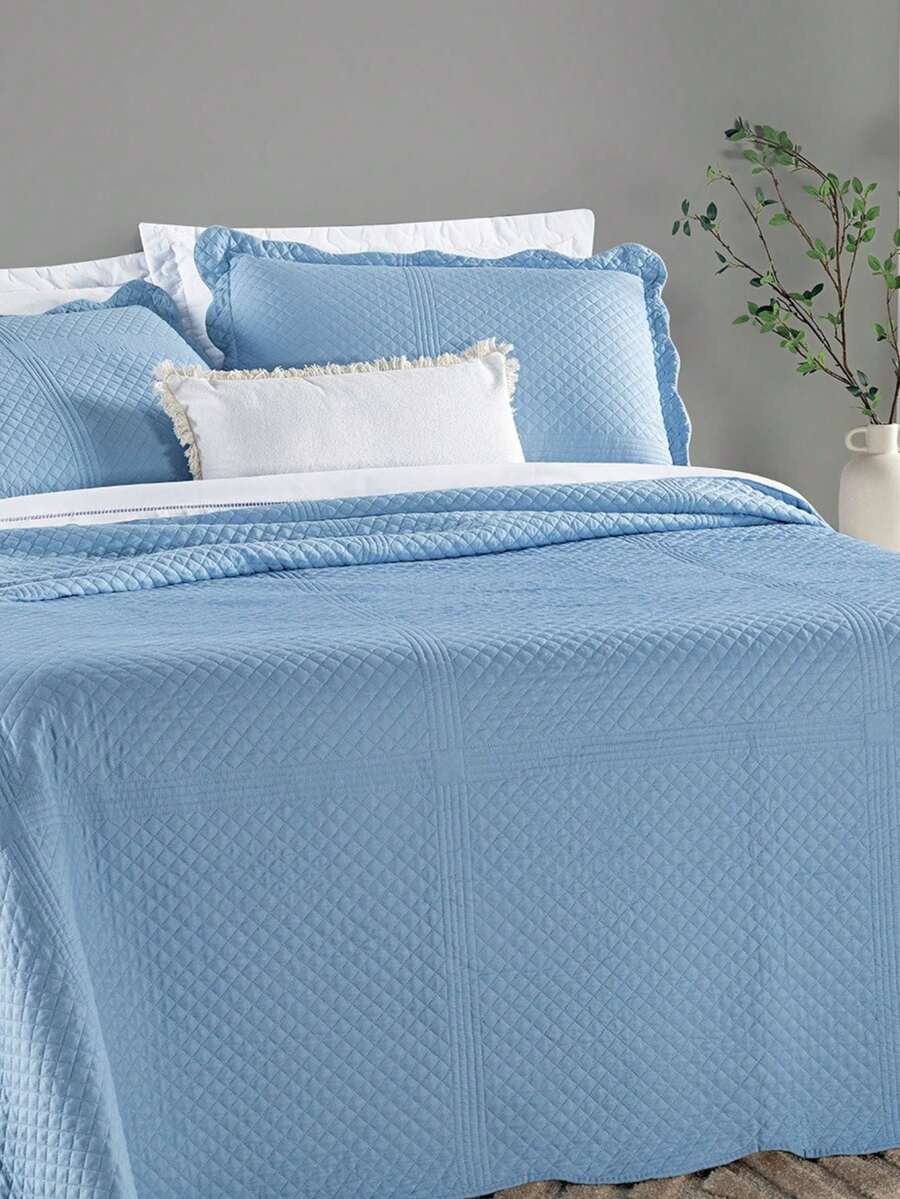 Double Bedspread Kit Chess Pattern 3 Pieces 200 Thread Count - 星辰藍 - 查看 1