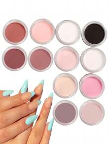12 Colors Acrylic Powders Set, Colorful Acrylic Nail Powders With Glitters For Nail Extension, Nail Art Sculpture In 3D, Y2K Style