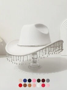 1pc Women's Solid Color Crystal Rhinestone Tassel Cowgirl Western Hat For Travel, Party, Festival, Casual, Wedding, Daily Wear Skull Skeleton Halloween - Multicolor - View 10