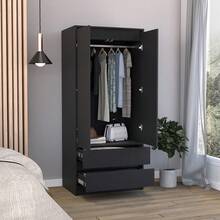 Austin 2 Drawers Armoire, Double Door, Hanging Rod -Black - 黑色 - 查看 4