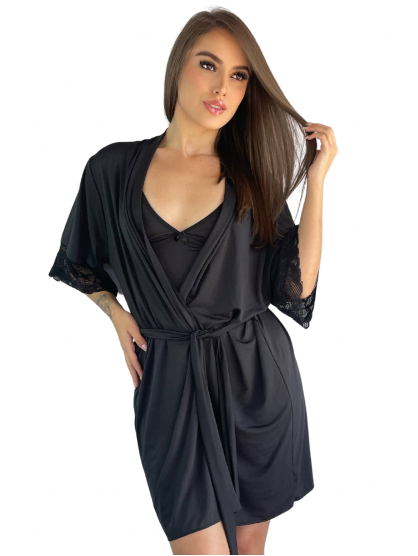 Charme Dela's Luxury Lace Robe With Polyamide Kimono Tie - 黑色 - 查看 1