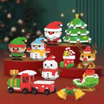 Bloques de construcción ensamblados de partícula micro con decoraciones de muñecos de nieve y Papá Noel, regalo de Navidad y Día de San Valentín