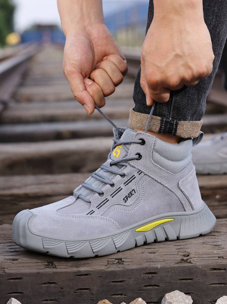 GUYISA Men s Steel Toe Safety Shoes Anti Crush Anti Puncture Heat Resistant High Top Lace Up Grey All Season Work Boots SHEIN USA