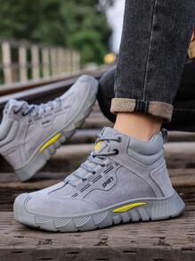 GUYISA Men's Shoes Steel Toe Anti-Smash Anti-Puncture Suede Leather Welding Shoes High-Top Lace-Up Flat Gray Shoes, All Season