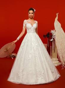 HEARBOBO Elegant Lace Long-Sleeved High-End Florentine Noble Lady Backless Sexy Dress Beach Wedding Dress, For Valentine's Day - White - View 5