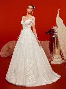 HEARBOBO Elegant Lace Long-Sleeved High-End Florentine Noble Lady Backless Sexy Dress Beach Wedding Dress, For Valentine's Day - White - View 9