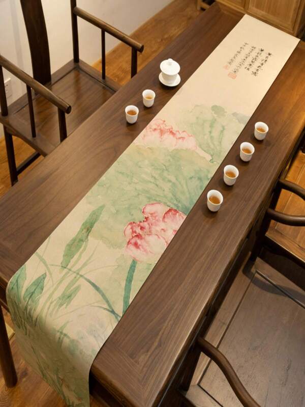 iqipa Tapis à thé de style zen haut de gamme avec fleur de lotus, en tissu de lin, serviette à thé imperméable, chemin de table à thé