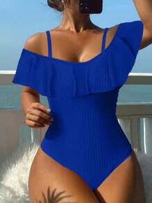 2024 年新款荷叶边连体泳衣，休闲时尚，适合女士夏季海滩度假 - 寶藍色 - 查看 1