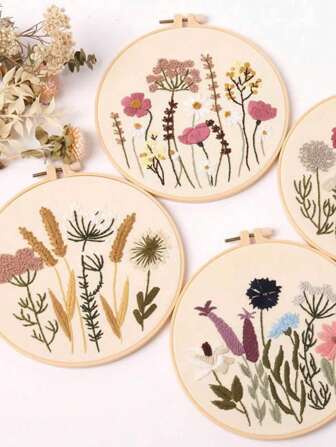 1set Diy Embroidery Kit, Flower Pattern Design Embroidered Wall Art, Hand Sewing Thread Painting, Desktop Decoration, The Color Of The Winding Board Is Random