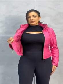 Women's Leather Jacket With Hood - Hot Pink - View 2