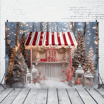 Christmas Wonderland Background Cloth, Wooden Candy Hut And Tree With Light String, Suitable For Festival Parties And Photography Christmas Decoration Winter Wonderland Decoration, Halloween, Halloween Decoration