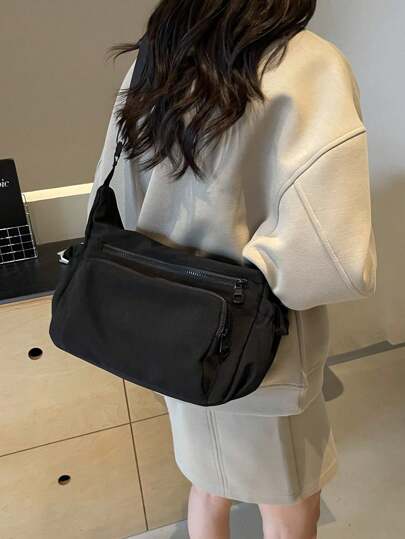 新款女士多口袋单肩包，尼龙柔软休闲斜挎包，大容量百搭返校手提包