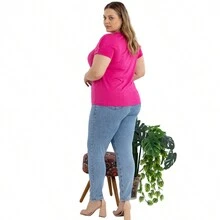 Viscolycra Blouse With V-Neckline And Button Detail On The Sleeve Plus Size 40624A - 玫紅色 - 查看 6