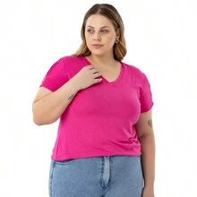 Viscolycra Blouse With V-Neckline And Button Detail On The Sleeve Plus Size 40624A - 玫紅色 - 查看 3