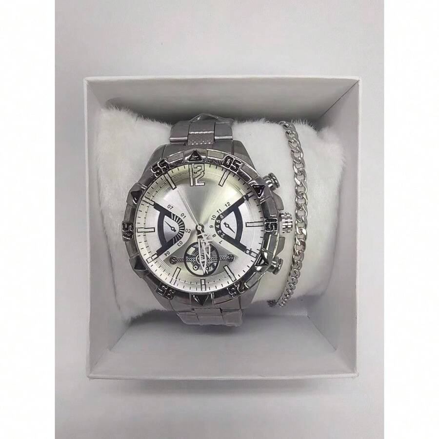 Men's 18k Gold Plated Watch Kit Original Luxury Gold + Men's 18k Plated Steel Chain + Bracelet And Pendant - 銀色 - 查看 1