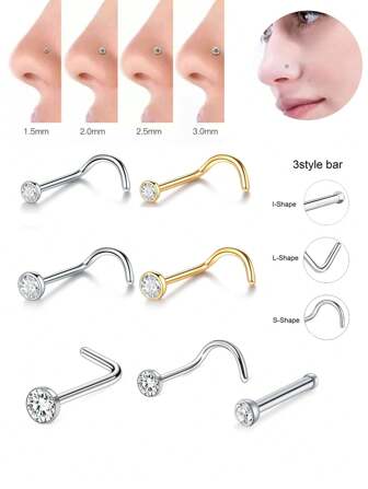 5Pcs Nose Piercing Earring Crystal Screw Nose Ring CZ Nostril Piercing Nariz Body Jewelry For Women 20G (L-Shape S-Shape I-Shape )