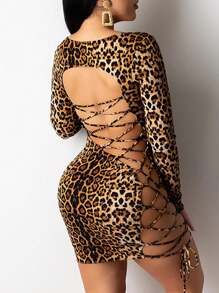 Sexy Leopard Print Backless Tie-Up Bodycon Mini Dress For Nightclub