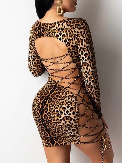 Sexy Leopard Print Backless Tie-Up Bodycon Mini Dress For Nightclub