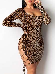 Sexy Leopard Print Backless Tie-Up Bodycon Mini Dress For Nightclub