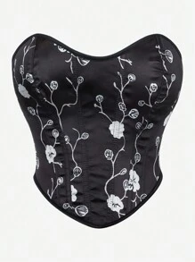 Printed Corset Top, Backless Lace Up Bustier Crop Top, For Halloween - Black and White - View 2