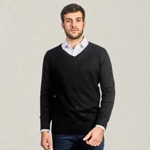 Men's Sweater Blouse Winter V-Neck Winter - 黑色 - 查看 1