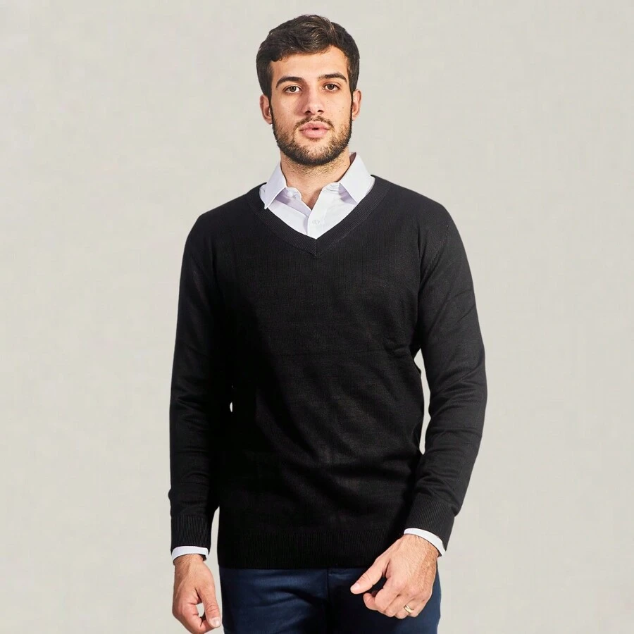 Men's Sweater Blouse Winter V-Neck Winter - 黑色 - 查看 1