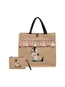 2 件/套简约花朵首字母 A-Z 印花亚麻手提包，粉色流苏，亚麻包，包括一个手提包和一个零钱包，简约旅行包，化妆品钱包，大容量旅行化妆包日常使用、约会、生日、度假、返回学校、度假、海滩、旅行、通勤、商务、学生、野餐、露营、超市、日常收纳，（小包手带方向随机），圣诞节最佳教师礼物 - 卡其色 - 查看 49