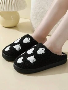 万圣节鬼魂图案保暖拖鞋，青少年室内家居保暖拖鞋