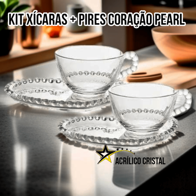 CONJUNTO COM 04 PIRES DE CORAÇÃO DE PÉROLA E 04 COPOS ACRÍLICOS DE 180 ML DE PÉROLA, Kits de Café e Chá,