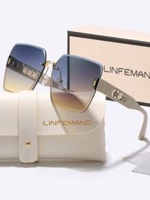 LINFEMAND Gafas decorativas sin marco de moda con degradado LINFEMAND, decoración con flores de perlas artificiales, adecuadas para mujeres, para fiestas de playa de verano, conducir, vacaciones, regalos para vacaciones de playa de verano, al aire libre, de viaje con decoración de perlas artificiales, estilo elegante de montura cuadrada sobredimensionada