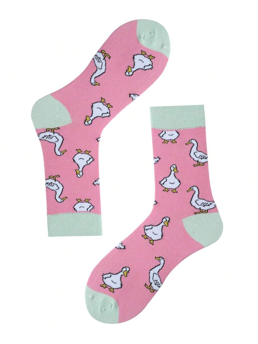 1 双女士流行四季粉红鸭子图案时尚休闲袜子 - 彩色 - 查看 1