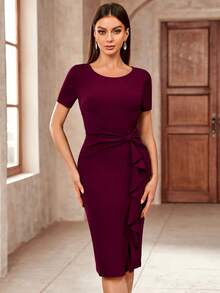 MIUSOL 50 年代复古纯色荷叶边蝴蝶结商务紧身铅笔裙，适合鸡尾酒会、毕业典礼、晚宴 - 酒紅色 - 查看 3