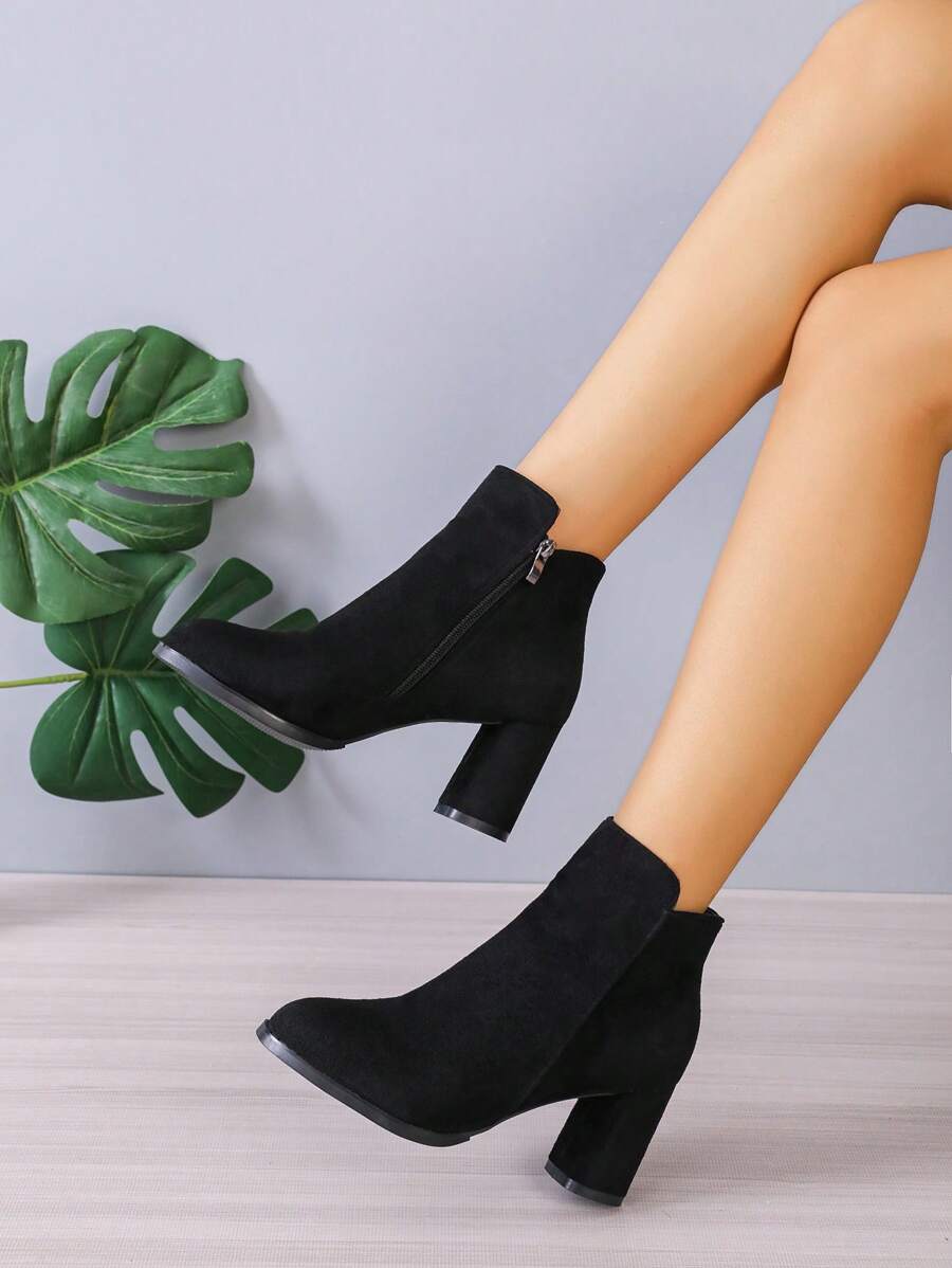 女士尖头粗跟侧拉链绒面革踝靴、正装靴 - 黑色 - 查看 1
