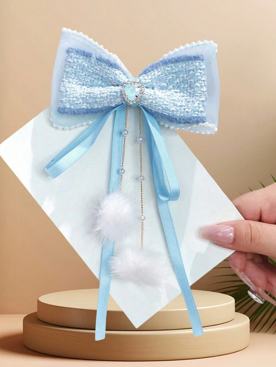1pc Bowknot Design Pearls Edge Pearls Tassel Hair Clip - Blue - View 1