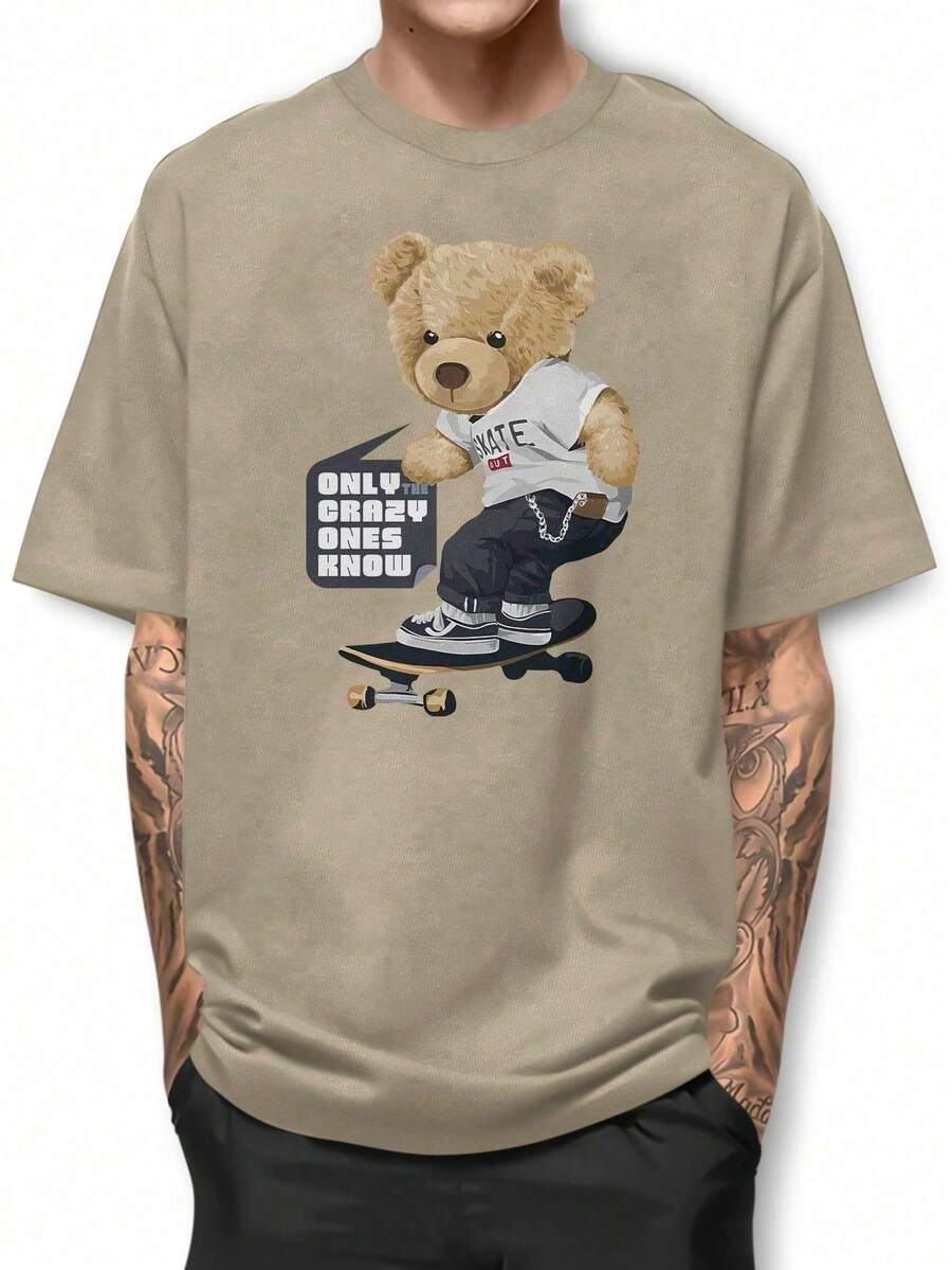 Basic T-Shirt Skate Bear Crazy One 100% Cotton Shirt GPJ1 - 卡其色 - 查看 1