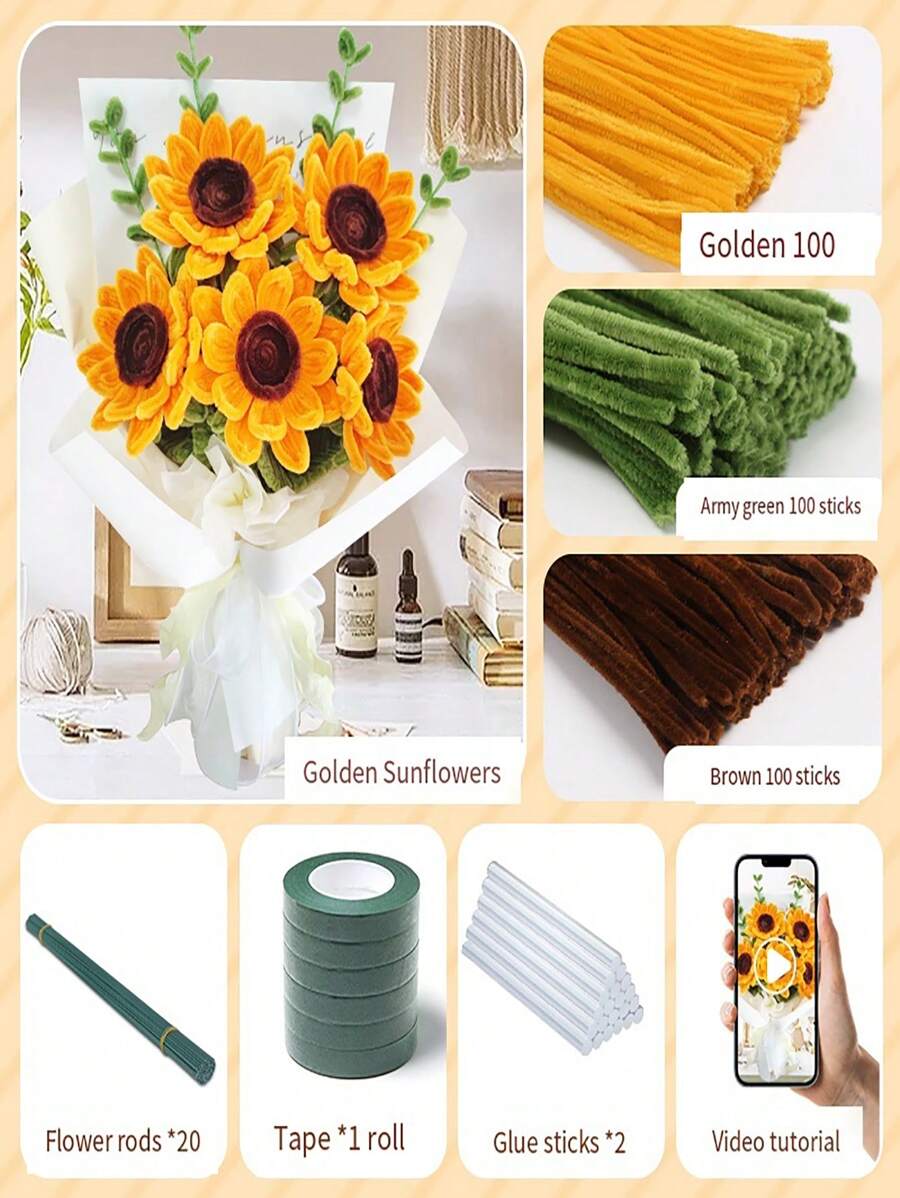 Bộ dụng cụ thủ công DIY làm từ dây kẽm, hoa làm từ dây kẽm, nhiều màu sắc kết hợp, nhiều chủ đề và kiểu dáng khác nhau, bộ dụng cụ làm bó hoa, dây kẽm nhung và dây thép mềm để làm bó hoa tulip, hướng dương và hoa hồng.