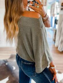 亮片橄榄球图案船领蝙蝠袖条纹衬衫