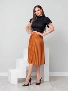 Women's Pleated Midi Skirt, Evangelical Fashion, Plain, With Lining CODE:125 - tanah liat - View 3